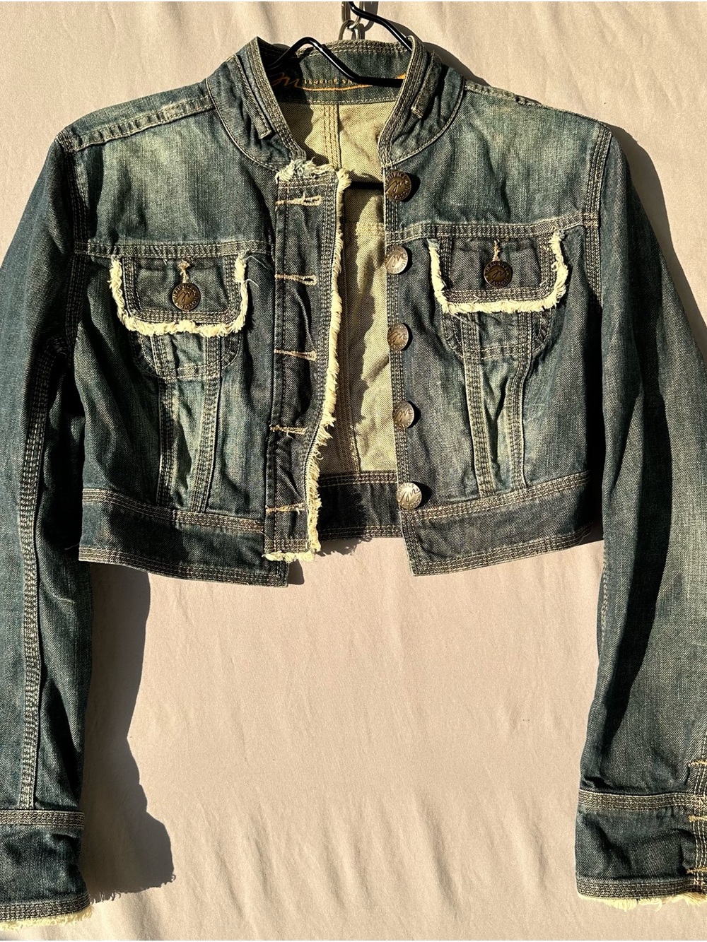 Maurice Sasson Denim Jacket Vintage Y2K Cropped Distressed Frayed Blue Womens XS
